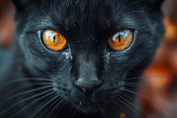 Intense portrait of black cat with fiery orange eyes. Captivating feline gaze