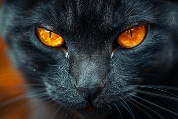 Portrait of black cat with fiery orange eyes. Intense feline gaze
