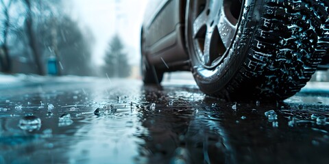 Car Tire on Wet Pavement in Rainy Weather, car tire navigating wet pavement in rainy conditions, raindrops and road textures