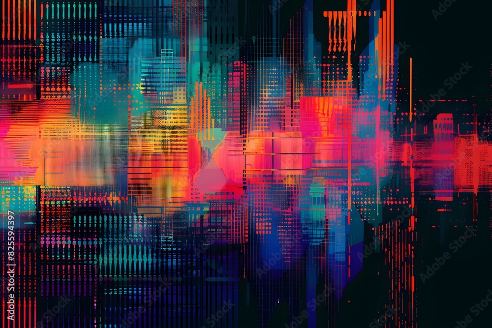 Wall mural dynamic glitch art texture with neon colors and geometric patterns for creative projects