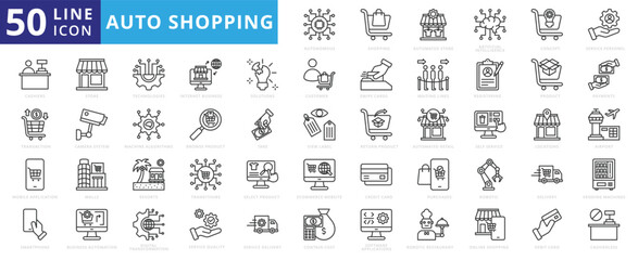 Auto Shopping icon set with automated store, artificial intelligence, ecommerce, auto, payment, service, cashiers and transaction.
