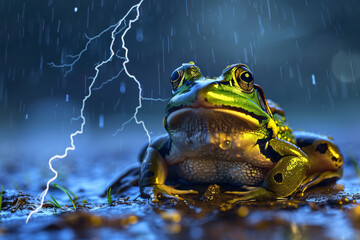 A frog is sitting in the rain