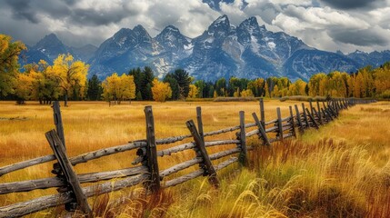 Rustic Fence along a Meadow in the Grand Teton National Park
