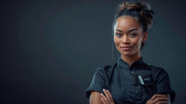 A young professional chef stands in a commercial kitchen, wearing a black chef's coat and a confident smile. She is ready to cook.
