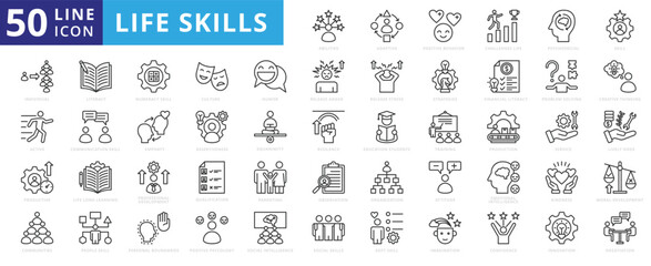 Life Skills icon set with adaptive, positive behavior, challenges life, psychosocial, individual, active and productive.