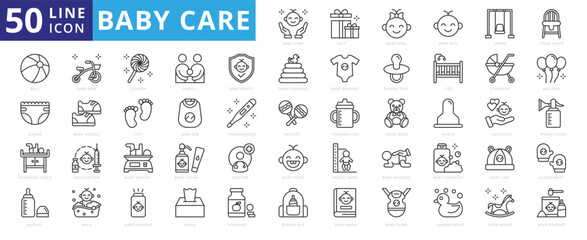 Baby Care icon set with gift, girl, boy, swing, child chair, ball, diaper, changing table, bike, lolipop and bottle.