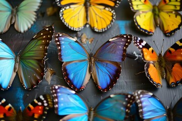 Vivid assortment of different butterfly species displayed on a dark surface, showcasing their vibrant wing patterns