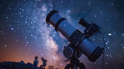 Astronomy telescope pointed at a starfilled night sky, Milky Way visible, serene and aweinspiring scene, highresolution astrophotography, Close up