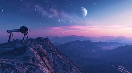 Astronomy telescope set up on a mountain peak, twilight sky with planets and stars, clear and crisp atmosphere, highdefinition stargazing photography, Close up