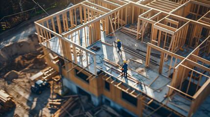 Construction Site: Builders Working on Wood House Structures