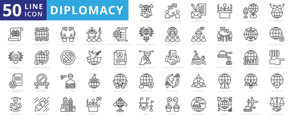 Diplomacy icon set with comprises spoken, written communication, leader, diplomats, international system and foreign policy.