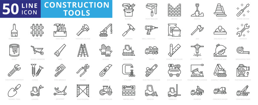 Construction Tools icon set with bucket, paint roller, bricks, shovel, cone, screw driver, brush, paint and adjustable wrench.