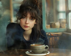 Obraz premium Feminine Figure Indulging in a Peaceful Moment of Coffee and Calm at a Quaint Cafe