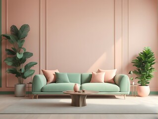 2024 Trend with Peach Fuzz Living Room with Pastel Wall Accent, Emerald Green Interior Design, Apricot Salmon Luxury Scene, 3D Render

