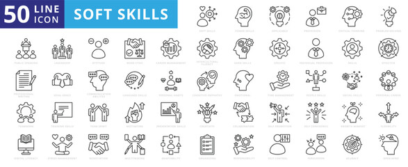 Soft Skills icon set with leadership, attitude, work ethics, critical thinking, problem solving, teamwork and public speaking.
