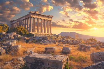 Ancient Greece ruins at sunrise. Greek temple and mountain against cloudy sky - Powered by Adobe
