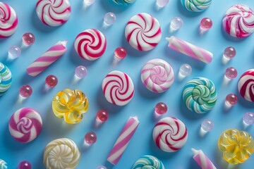 Overhead view of colorful candies and lollipops arranged on a bright blue surface