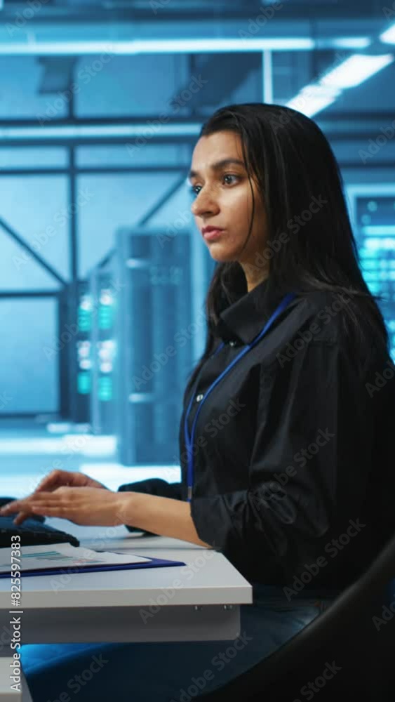 Poster vertical video computer scientist working in high tech server hub capable of processing vast amounts