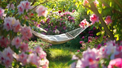 Tranquil garden hammock amidst blooming flowers.
