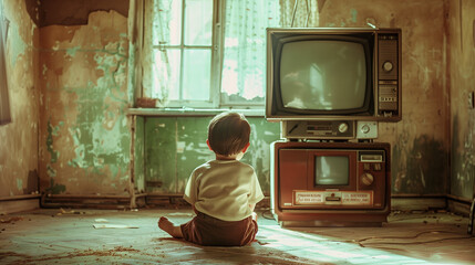 Child Boy Watching Retro Television in Old-Style Room