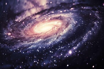 Spiral galaxy in deep space close up, focus on, copy space, vibrant colors, double exposure silhouette with stars