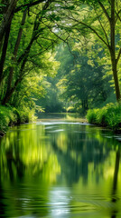 Fototapeta na wymiar Tranquil River Flowing Through Lush Forest with Sunlight Filtering through Trees Reflecting on Calm Water