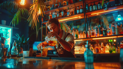 Young bartender pouring a drink, modern bar setting, vibrant atmosphere, colorful cocktail.