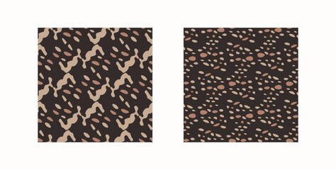 Tribal ethnic camouflage abstract pattern set design in fall color trend. Seamless rustic surface texture with neutral tone handwork mark making shapes.