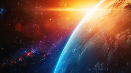 Earth from space close up, focus on, copy space, vibrant colors, double exposure silhouette with unity