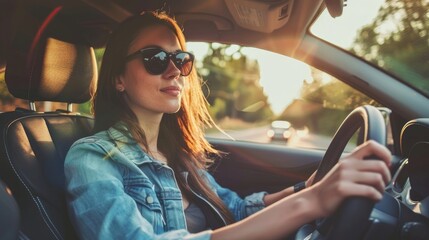 Young woman driving a car. Leisure, travel, weekend, navigation.