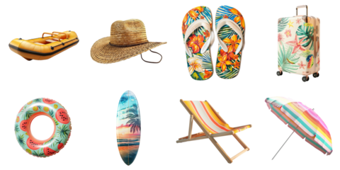 Summer collection transparent no background boat, hat, laggage, surf and beach item for decoration.