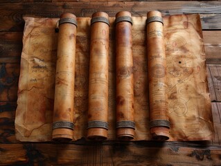 Set of antique old scrolls on a wooden surface, evoking historical and cultural significance with vintage aesthetics