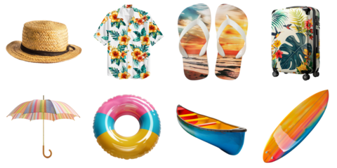Summer item png transparent shirt, sandal, luggage and hat for decoration and travel.