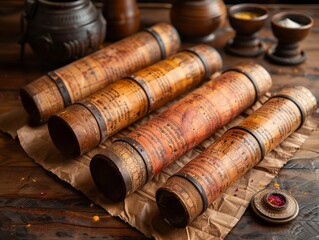 Vintage scrolls with ancient script on a wooden table, surrounded by clay pots and bowls, creating a historical and antique ambiance.