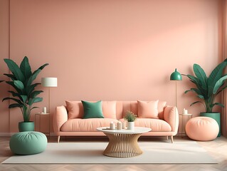 2024 Trend with Peach Fuzz Living Room with Pastel Wall Accent, Emerald Green Interior Design, Apricot Salmon Luxury Scene, 3D Render

