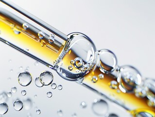 High-Quality Macro Image: Half-Filled Dropper Pipe with Oil, Bubbles Inside, White Studio Background