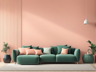 2024 Trend with Peach Fuzz Living Room with Pastel Wall Accent, Emerald Green Interior Design, Apricot Salmon Luxury Scene, 3D Render

