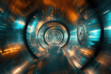 In hyperspace tunnel lined with clocks, surreal visual experience of time travel traffic is captured AI Generative