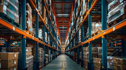 A large warehouse with rows of shelves.