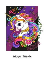 Unicorn with flowers and lettering magic inside vector illustration