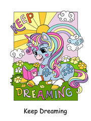 Cartoon unicorn with book and flowers vector illustration