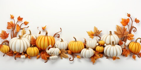 Shaped canvas style frame of pumpkins and leaves with realistic, tonal colors on white background