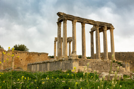 Temple building details of Juno Celestis (Junon Celestis), archaeological site of ancient Roman Dougga, Tunisia