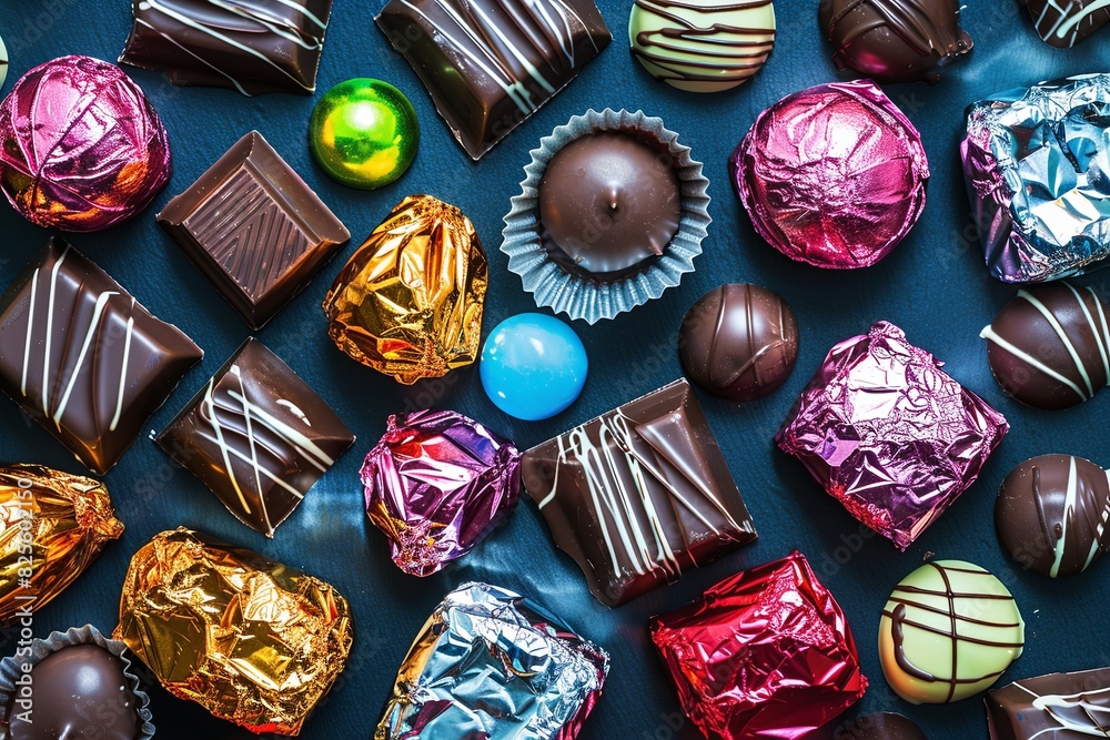Aufkleber Colorful assortment of chocolates spread out on a table with shiny wrappers. Generative AI