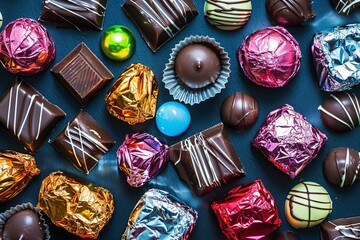 Colorful assortment of chocolates spread out on a table with shiny wrappers. Generative AI