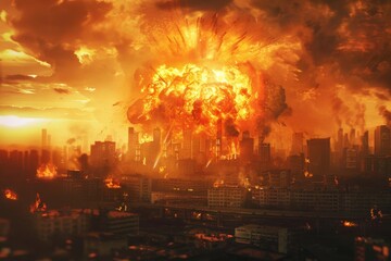 Fototapeta premium A fiery explosion engulfs a city skyline, casting an ominous glow on the burning