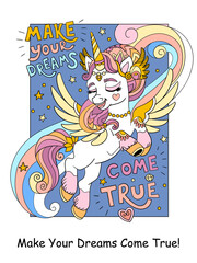 Cartoon flying unicorn and lettering vector illustration