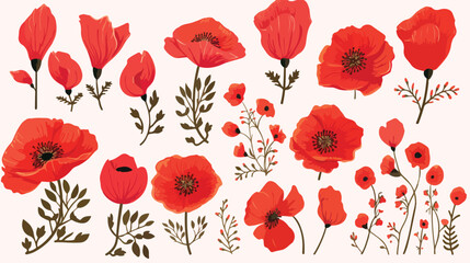 Red poppy decorative elements set with bright fresh