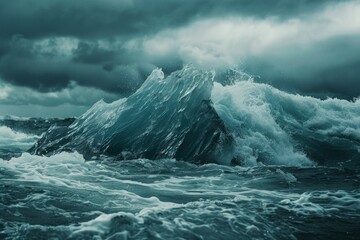 A large iceberg breaks through stormy waves, with a dramatic sky overhead.