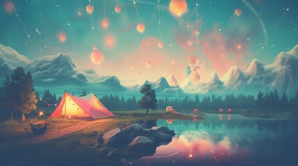 A serene campsite nestled by a lake, surrounded by majestic mountains and a sky filled with glowing lanterns and shooting stars.